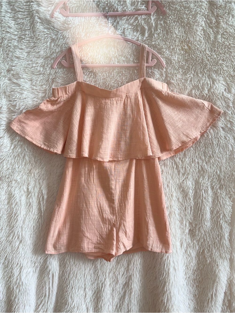 NWT PPLA Peach Pink Off-Shoulder Ruffle Gauze Romper Size Large